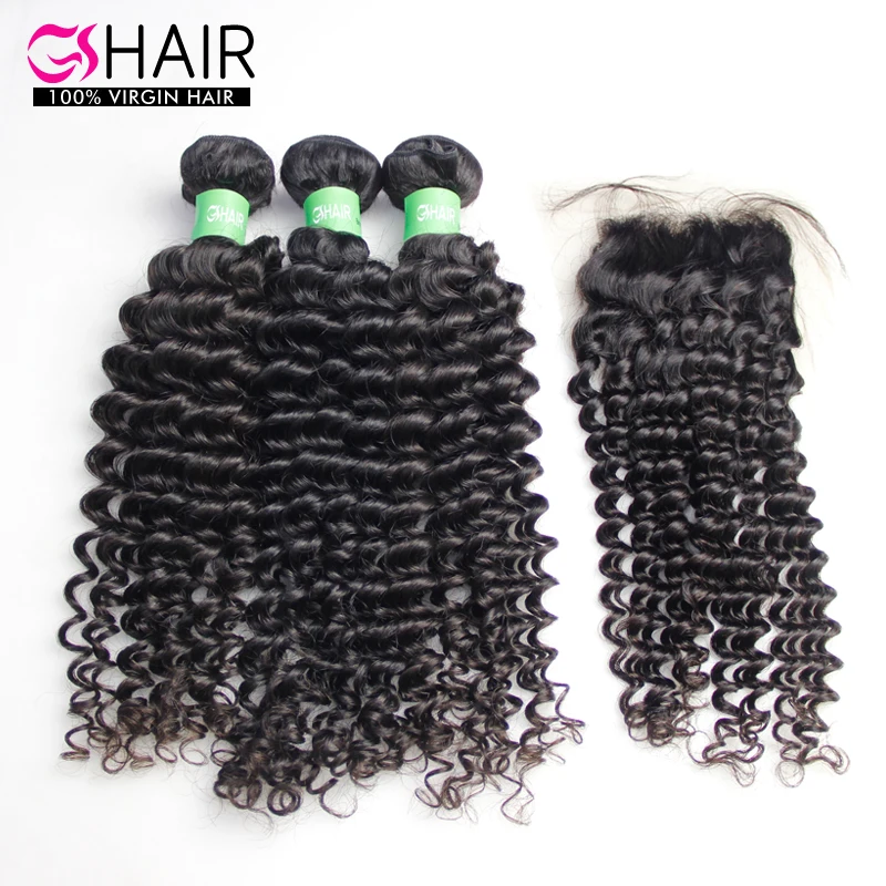 

Free sample extensions Natural cheap 100% unprocessed bulk Top quality natural virgin raw deep curly human hair with closure, Natural color
