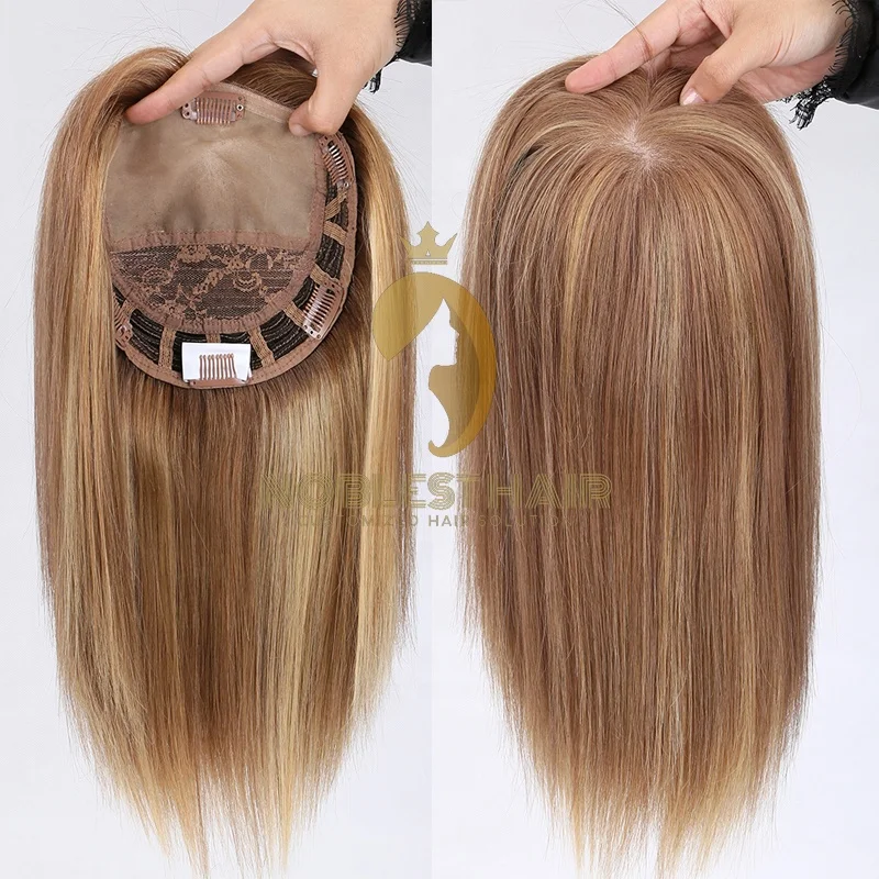 

European Virgin Hair silk base hair topper blend light brown with highlight wefted topper