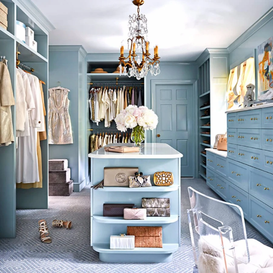 European style bedroom furniture melamine walk-in closet with led lights wardrobe closet with mirror door