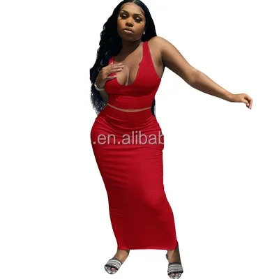 

J&H Simple Round Neck Sleeveless Bodycon Maxi Elegant Women Two Piece Set Skirts 2021 Summer Casual Party Long Dress, 5 color as picture