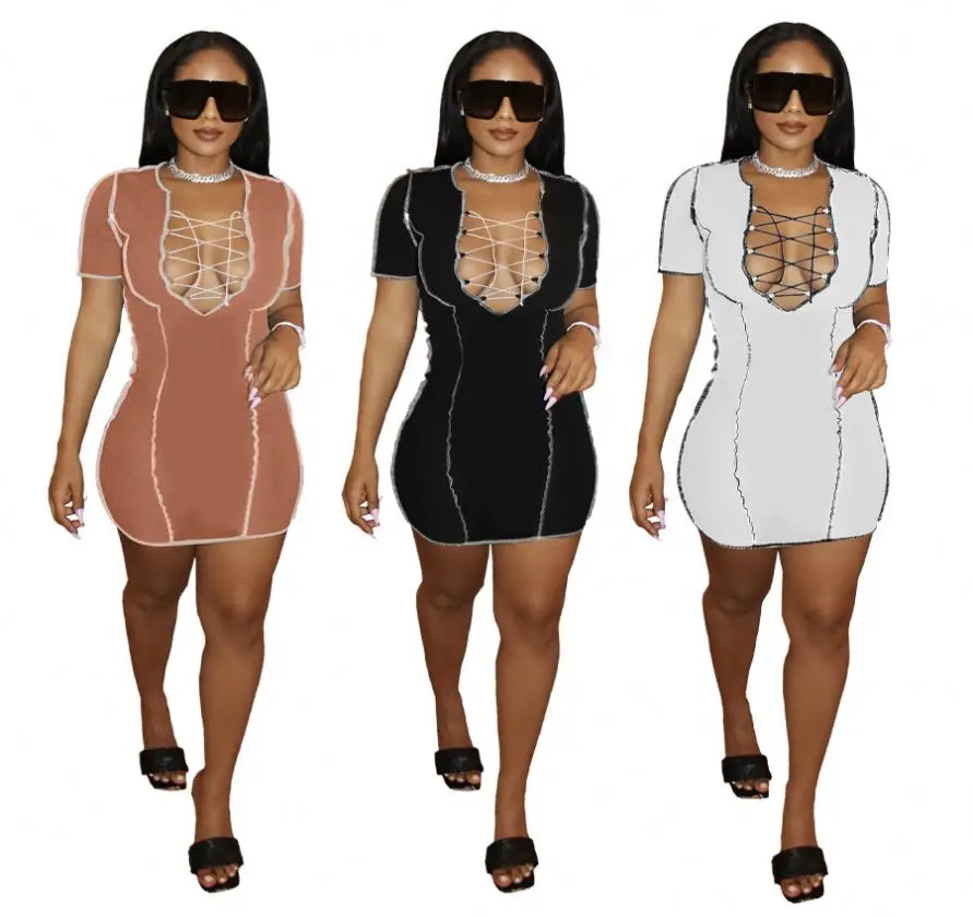 

2021 Wholesale summer dresses ladies women short sleeve bandage mini bodycon dress, Photos show