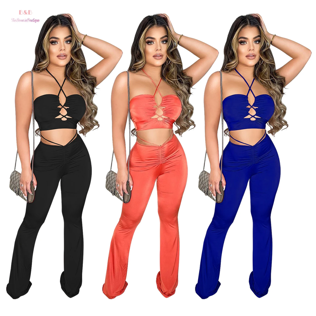 

Club outfits for women sexy cross mopping pants with hollow out bandage breathable combed cotton two piece sets female clothing, Picture