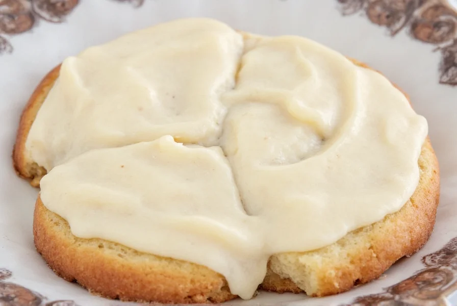 Step-by-step preparation of traditional cinnamon bun icing in a white bowl with whisk and ingredients arranged neatly