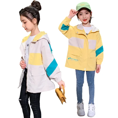 

Kids hooded color matching long coat autumn children's letter printing girls waterproof jackets