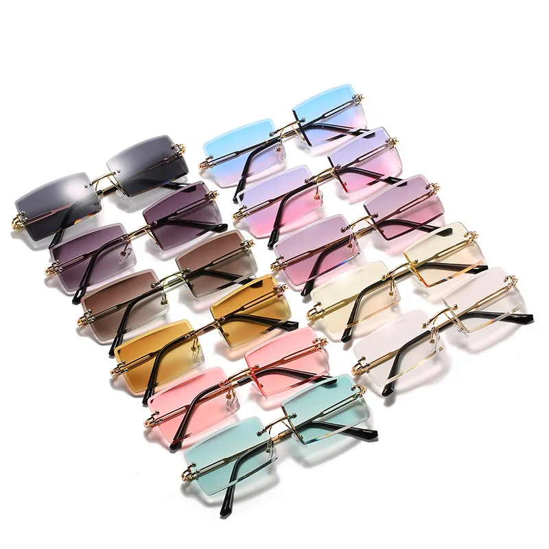 

Fashion Women Vintage Diamond Cut Ocean Lens Sun Glasses Small Rimless Rectangle Sunglasses 2021 sun glasses river