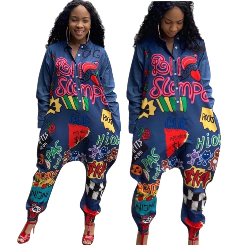 

Foma clothing B747 Fashion printed letter ladies Denim Jumpsuit casual women's Jumpsuits, As pictures