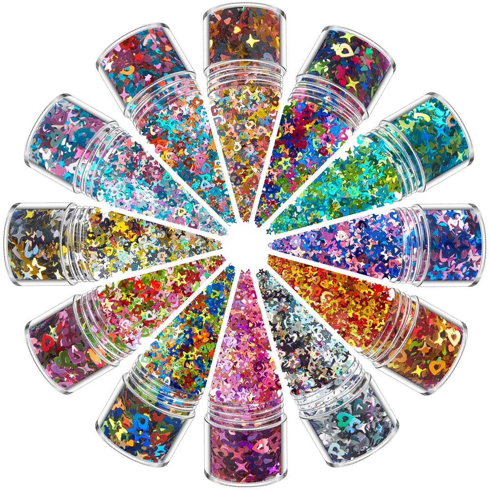 

Ins 12 Colors Hollow Star Heart Moon Mixed Nail Sequins Laser Stickers Nail Glitter For Nail Art 3d Designs Christmas, Gold and silver