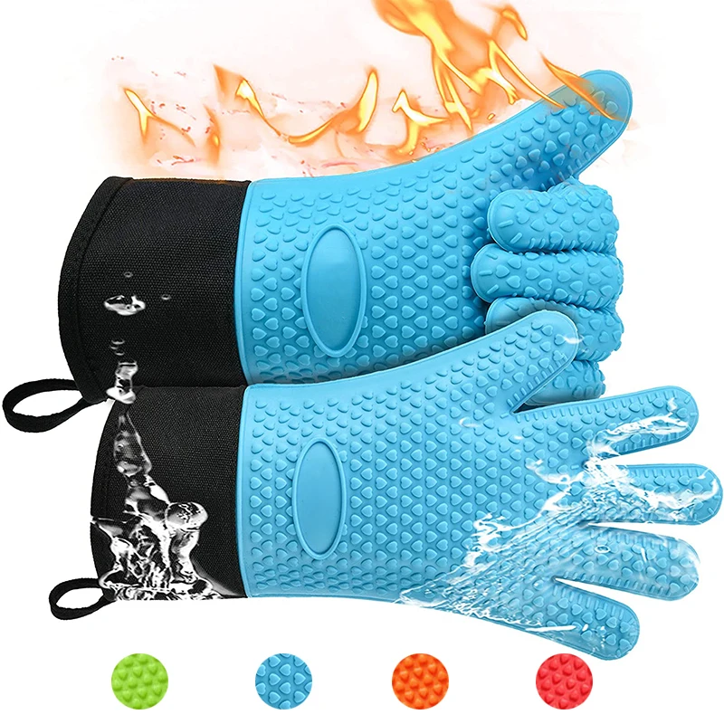 

Cheap Silicone Gloves Heat Resistant Double Oven Mitts for Kitchen Cooking BBQ Baking, Any color is ok
