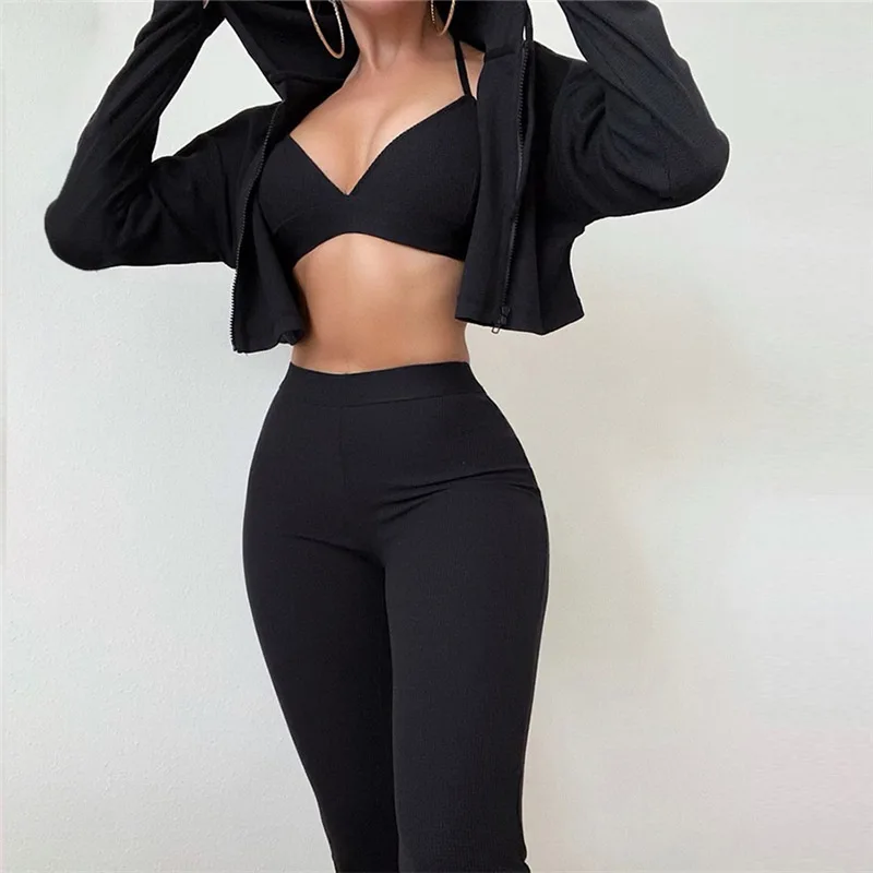 

Fashion Hoodies Joggers Long Sleeve Zipper Cardigan Crop Top Women Black Two Piece Pants Set
