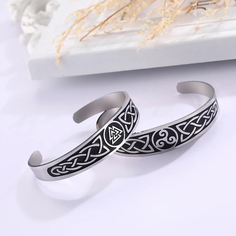 

Women Bangle Celtics Knot Symbol Ireland Hrunger Valknut Stainless Steel Cuff Bracelet Viking Nordic Engraved Gift, Silver