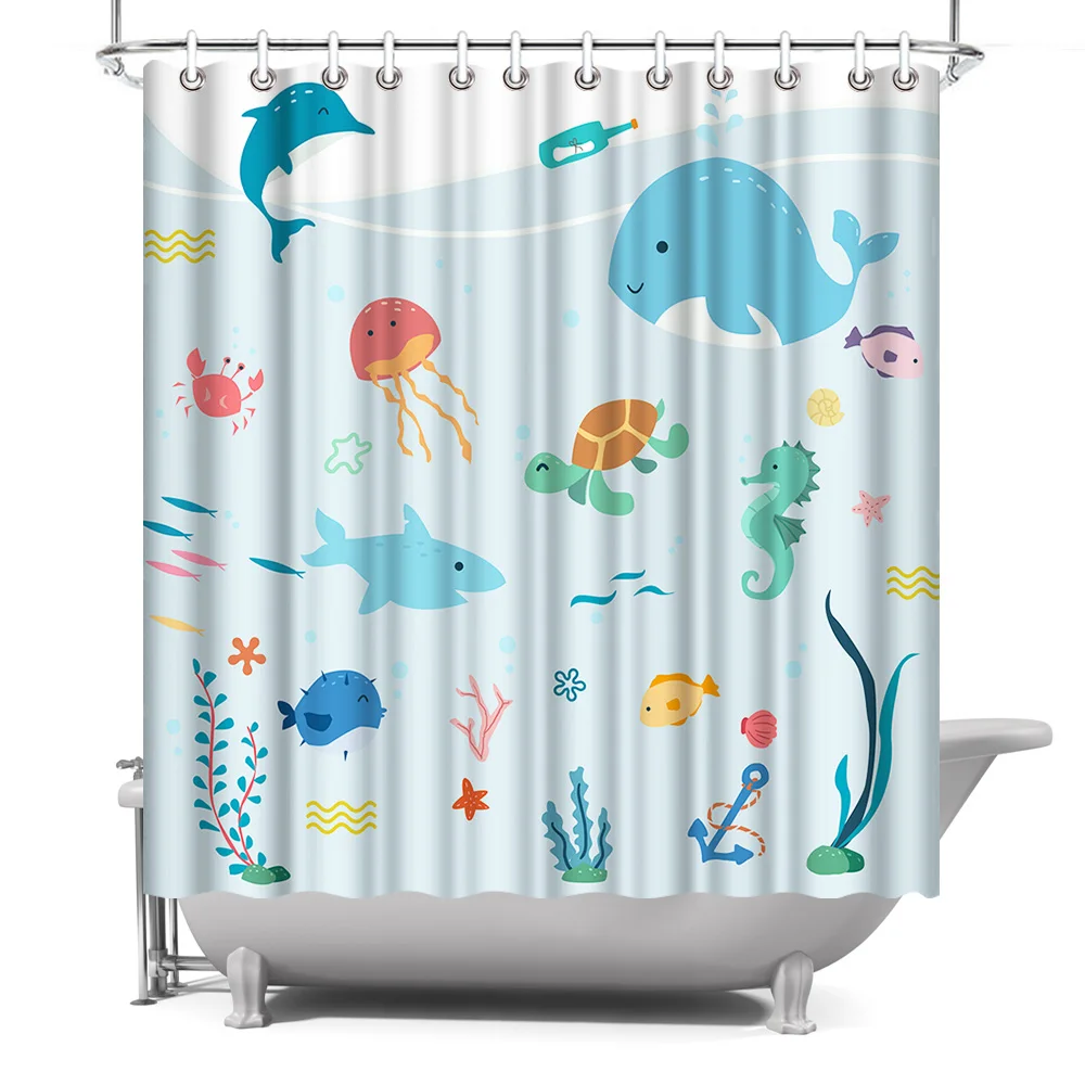 

Custom Fishing Sea Animal Print Waterproof Polyester Kid Children Bathroom Shower Curtian, Customized color