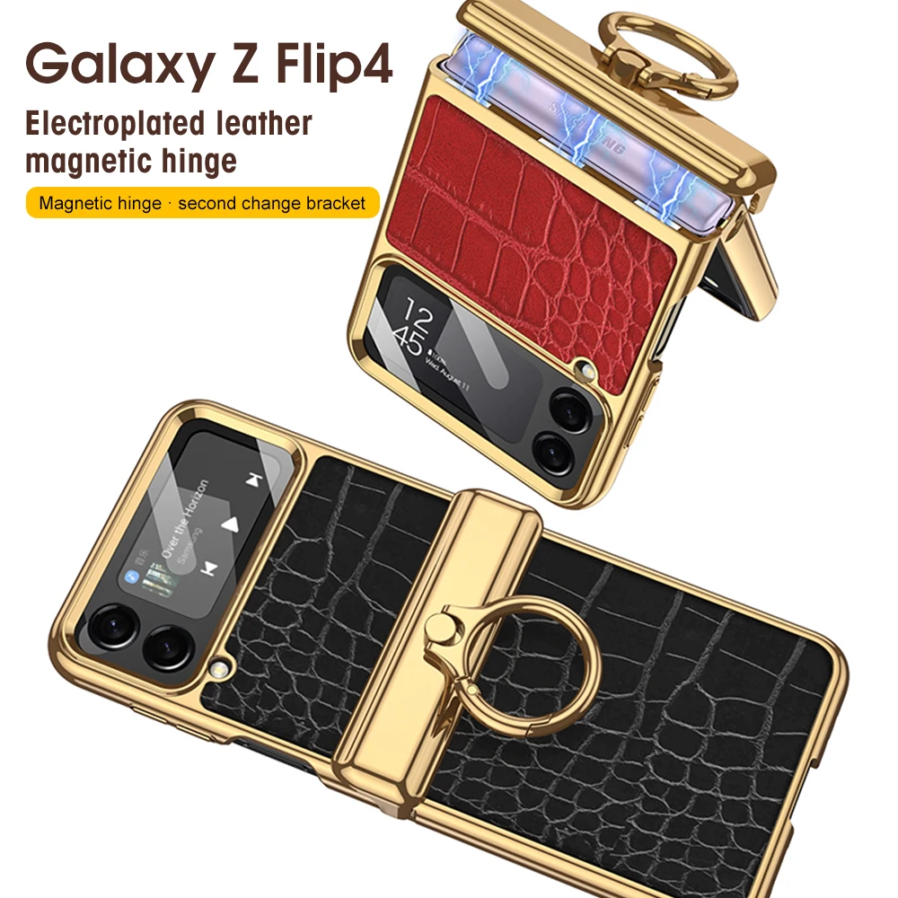 

Magnetic case Electroplated leather for Z Flip 3 With Ring for Flip 4 5G foldable Cell Phone Case Camera z flip4 case