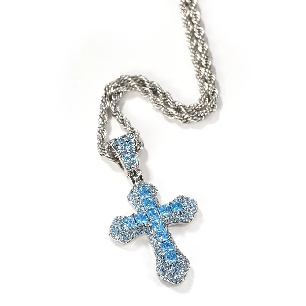 

2023 Fine Jewelry Necklace Trend New Fine Bling Hip Hop Jewelry Men Women Colorful Zircon Cross Pendant Diamond Necklace