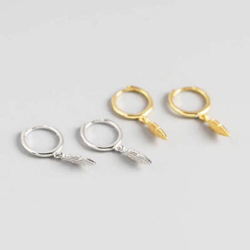 

fashion jewelry 925 sterling silver geometric feather party gold plated hoop earrings female