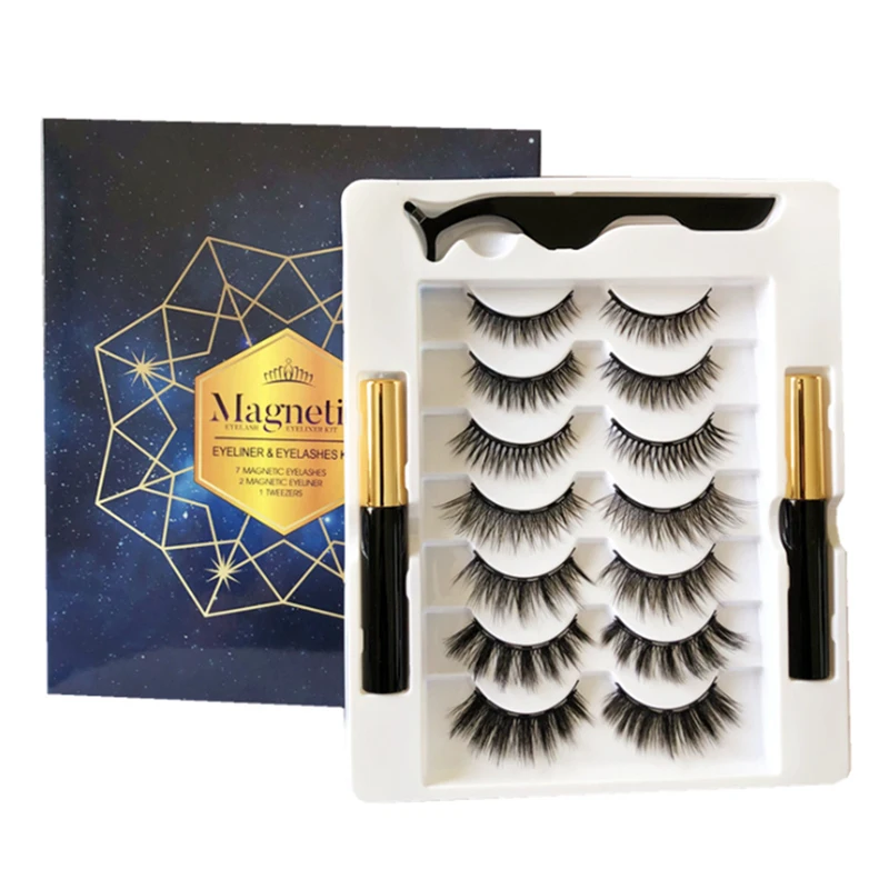 

7 Pairs Magnetic Eyelashes Set with Eyeliner and Tweezer Private Label Eyelash Extension Mink Hair Fur Hand Made Feather 0.03mm, Natural black