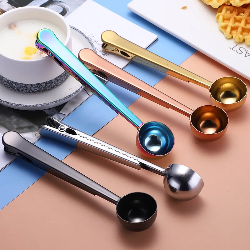 

Multifunction Coffee Bean Measuring Scoop Long Handle Tablespoon Stainless Steel Coffee Spoon with Bag Clip, Silver,gold,rose gold,rainbow,black