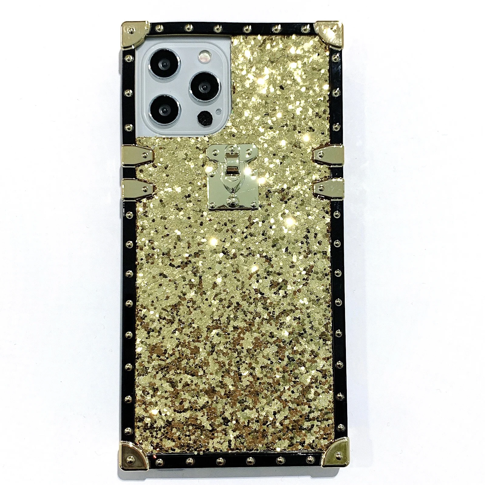 

New Luxury Fashion Glitter Sand Phone Case for iPhone 12 Pro Max X XR XS Max 7 8 Plus Gold Rivet Square Cover