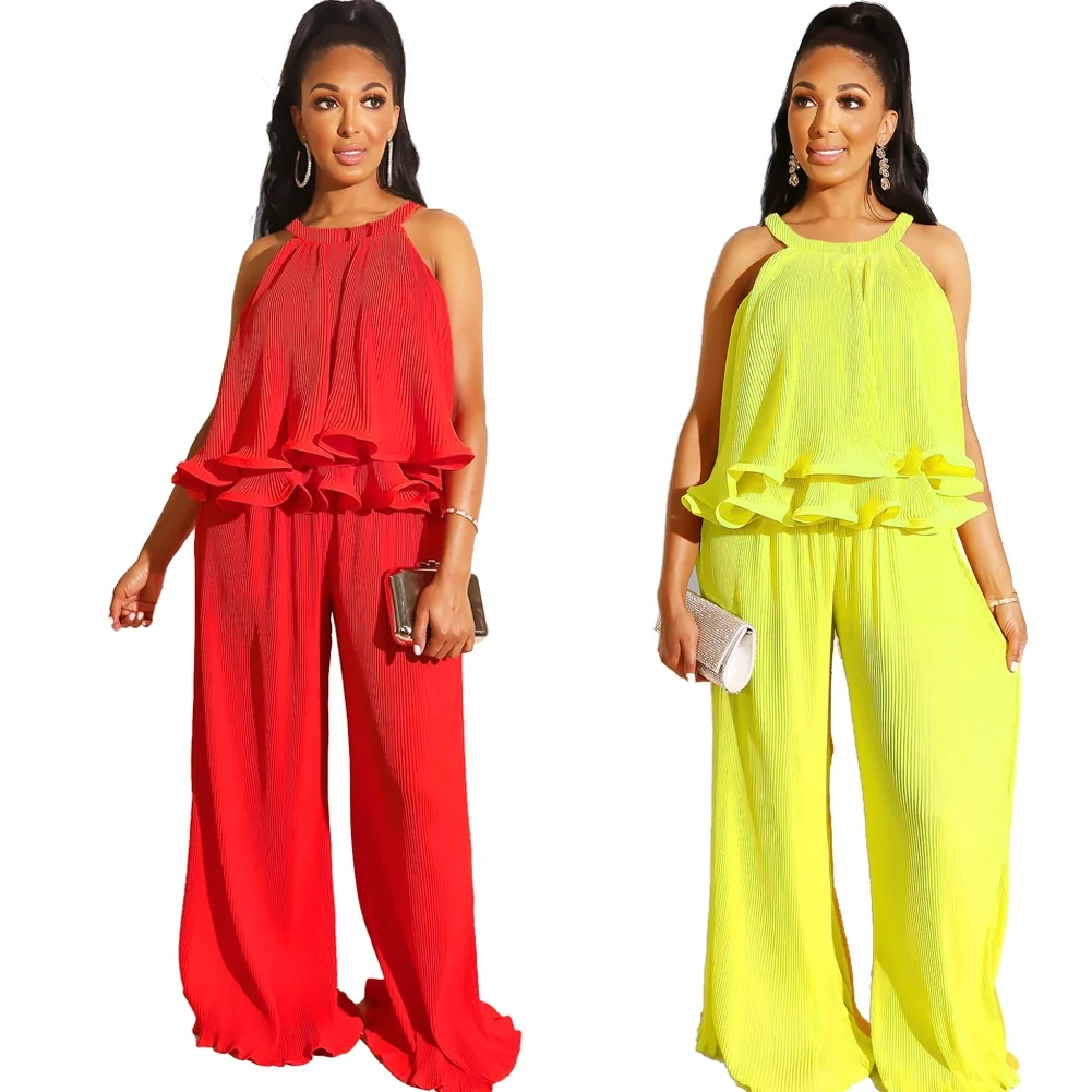 

MT63-0273 Summer 2021 Tops Ruffles High Waist Wide Leg Pants Women Two Pieces Sets women clothing sets