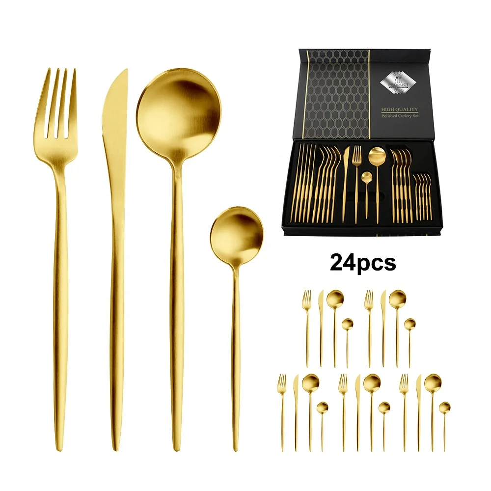 

24pcs Gold Plated Flatware Box Set Portugal Knife Spoons and Forks Set Stainless Steel Cutlery with Gift Box, Natural