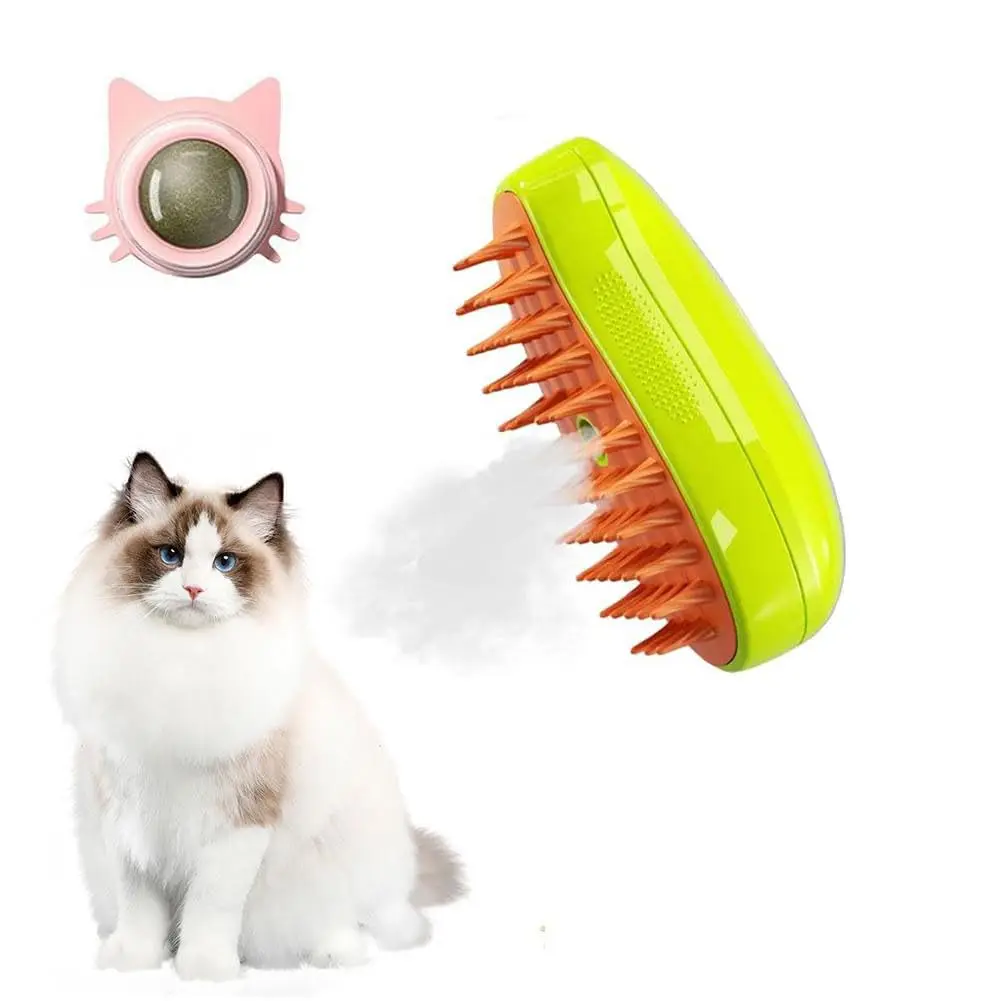 

2023 Hot Sale Pet Hair Remover Yellow Mini 3 In 1 Cat Steamy Brush Electric Spray Cat Hair Brush
