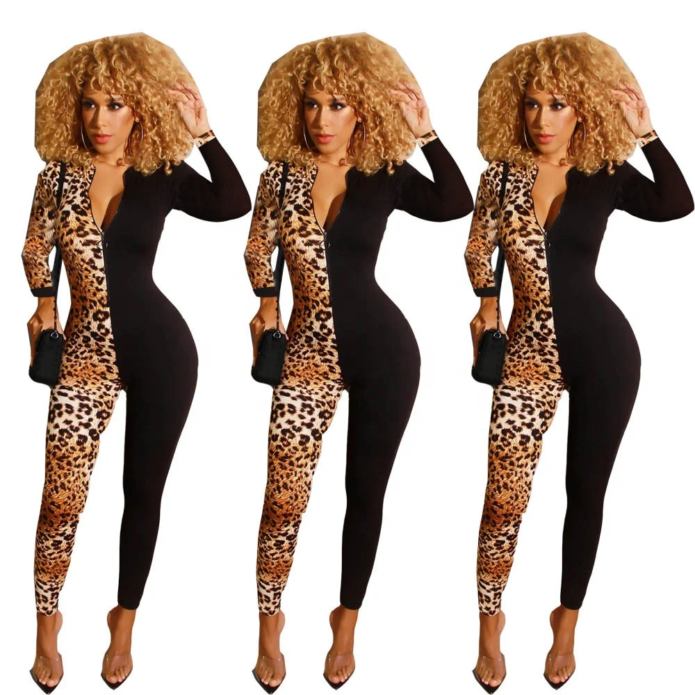

Latest Fashion Design Patchwork Leopard Print Zip Neck Long Sleeve Long Pants Womens Jumpsuit Leopardo vestido de mujer