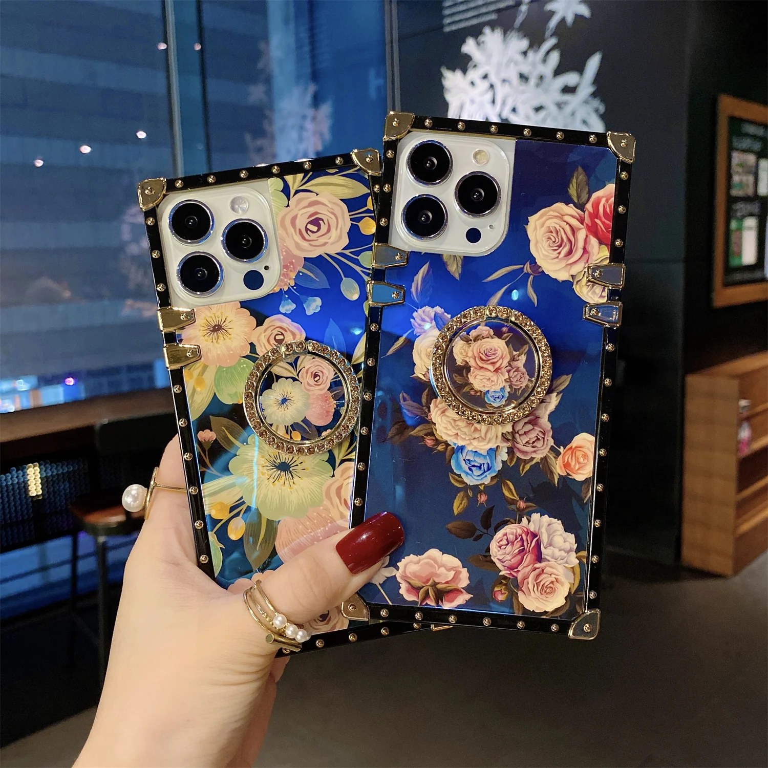 

new design blu ray flower pattern square phone case for iphone 13 pro max case women shiny luxury phone case