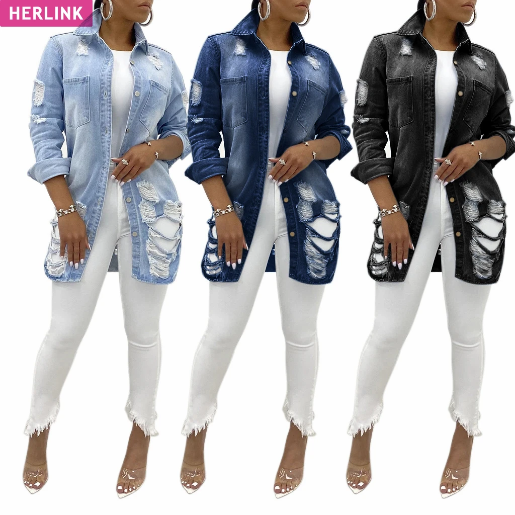 

H3687 - women trendy casual solid hollow out button long sleeve denim coat