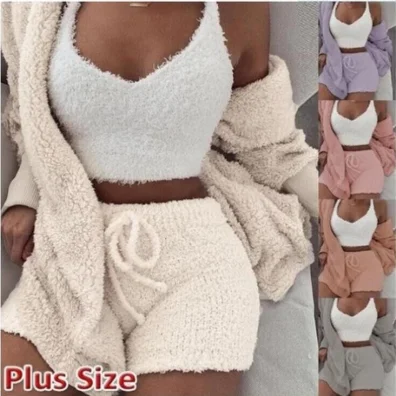 

2021 Plus Size Sleepwear Knit Fuzzy Velour Crop Top Loungewear Shorts Sets Velvet 3 Piece Lounge Wear Set Pajamas For Women Set, Customized color
