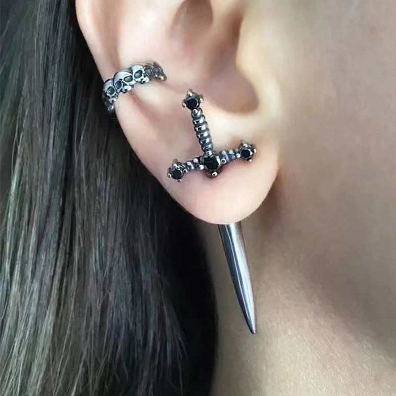 

SC Popular Gothic Punk Cross Earrings Hip Hop Knife Diamond Earrings Fashion Bohemian Sword Stud Earrings for Women