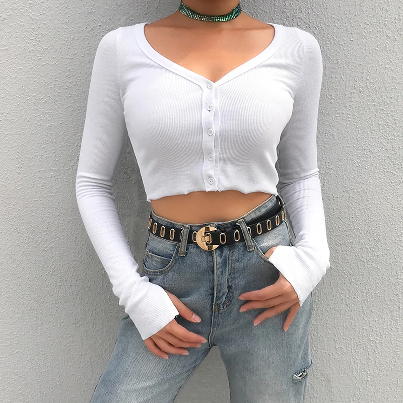 

new style sexy bodycon crop tops long sleeve v neck solid knitted crop tops t-shirts women