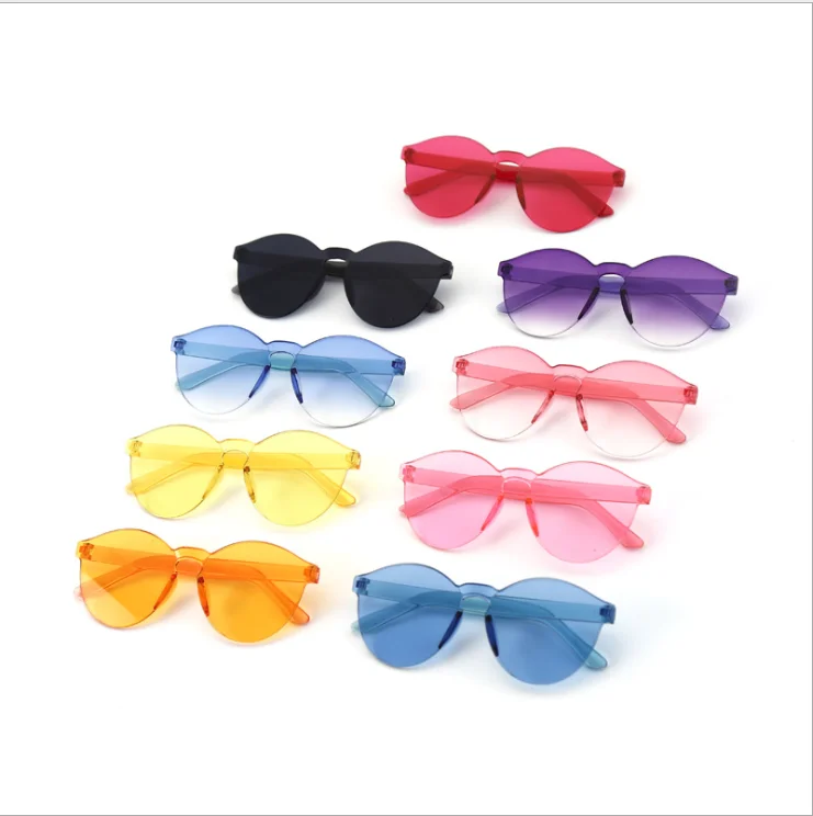 

2020 fashion kids baby candy color rimless tint clear lens glasses red pink yellow shades love heart shape sunglasses