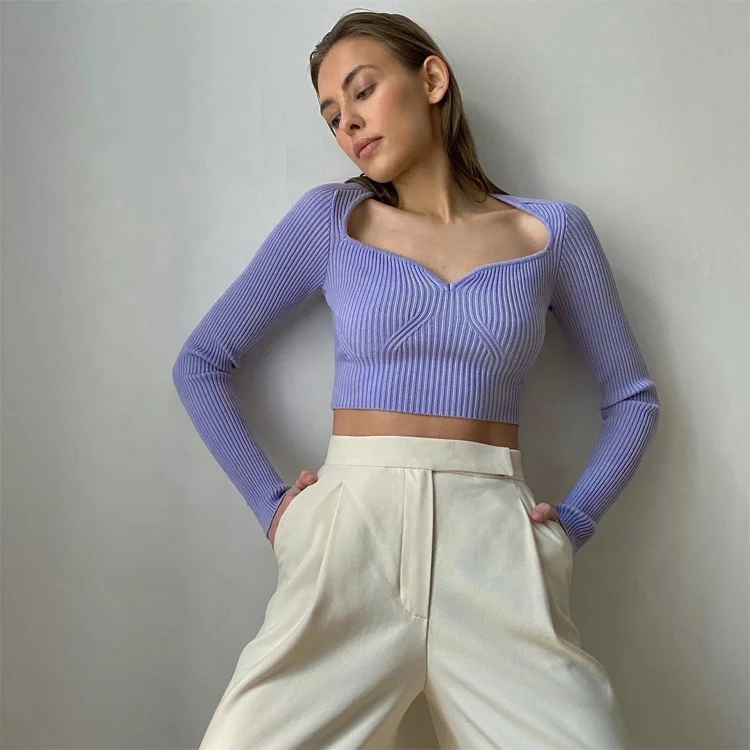 

new arrivals 2021 fall sweaters ladies' blouses sexy peach heart v-neck knitting slim for women, White ,blue,purple