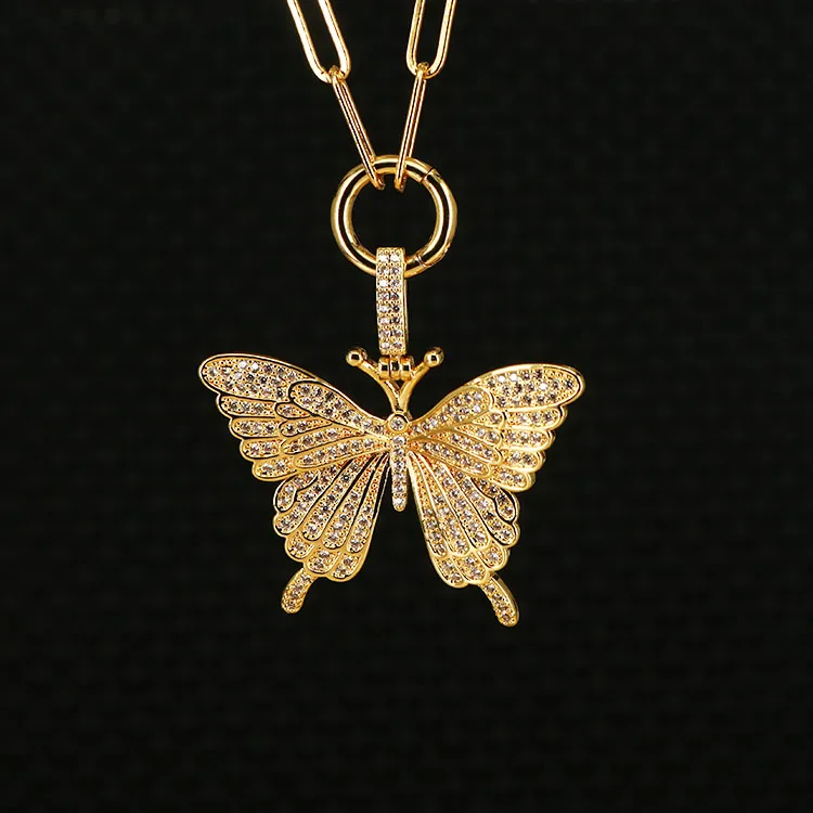 

NZ1135 Chic Bling Blingbling Hip Hop Iced Out CZ Zircon Micro Pave Butterfly Pendant Chain Necklace for Women