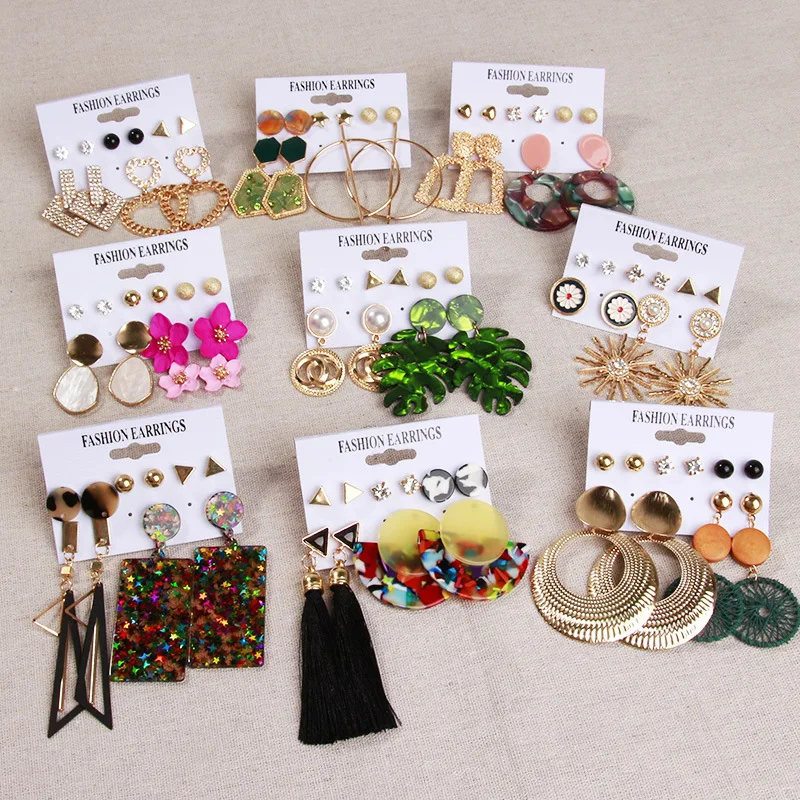 

2021 Fashion Acrylic Tassel Earrings Bohemian Earrings Set Big Geometric Drop Hoop Earring for Women Jewelry, Multi