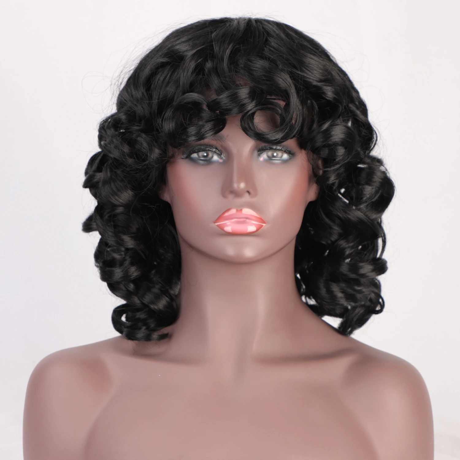 

Machine Made Wholesale Cheap Vendor Afro Kinky Curly Short Bob Black Wig With Bangs For Black Women Synthetic Hair Wigs