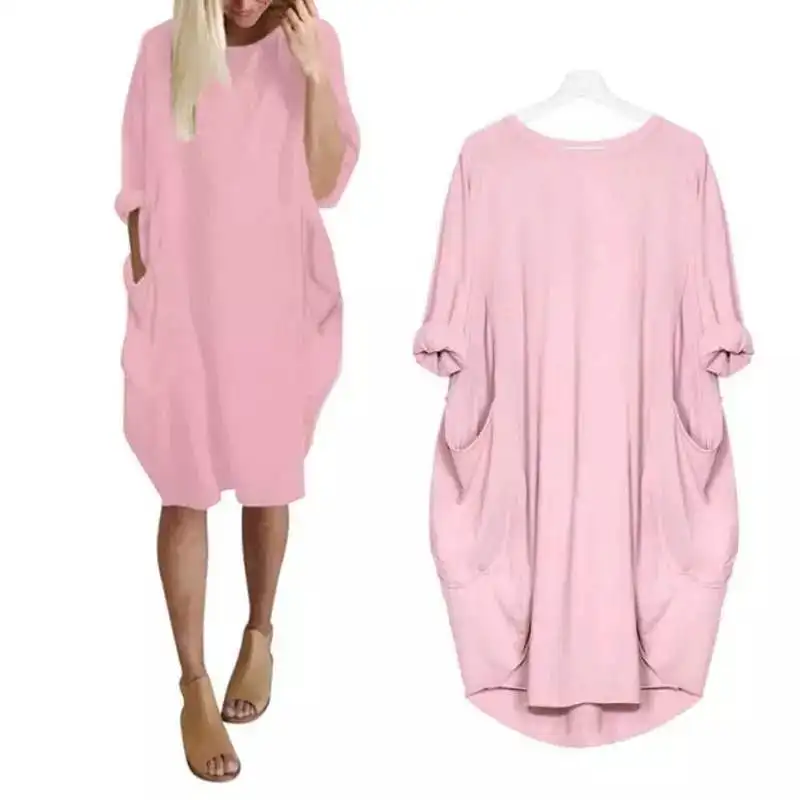 

Womens Plus Size Spring Long Sleeve Pockets Hoodie Loose Baggy Midi Dress Solid Color Crew Neck Oversized Loose Tunic Tops S-5XL