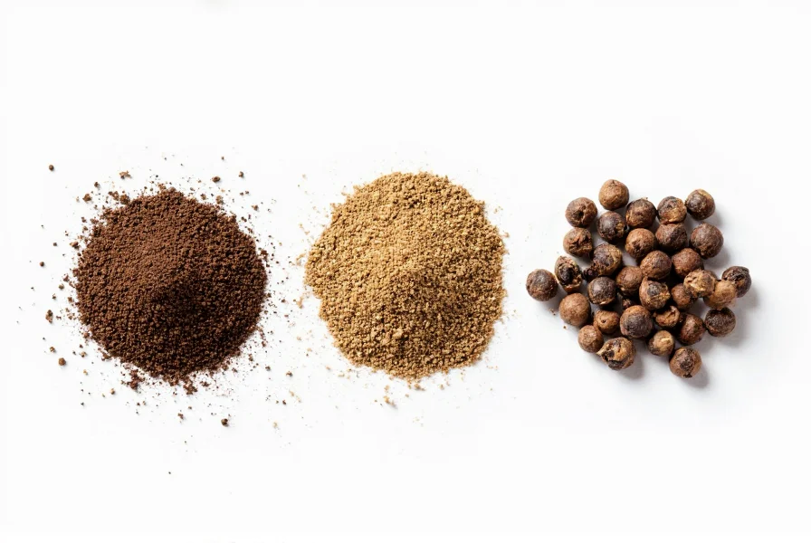 Close-up comparison of crushed pepper, ground pepper, and whole peppercorns on white background showing texture differences