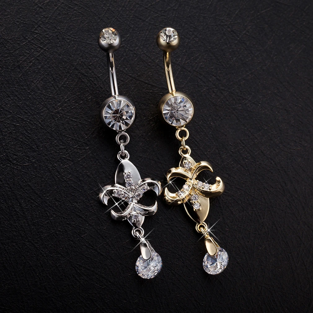 

Wholesale Shiny Zircon Heart Flower Geometric Dangle Nickel-free Surgical Stainless Steel Belly Ring