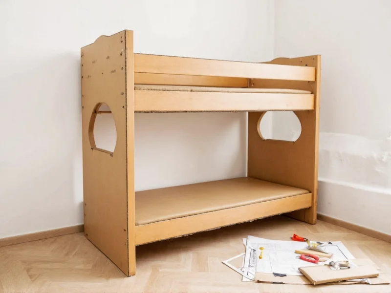 DIY bunk bed cardboard template on floor with measurements