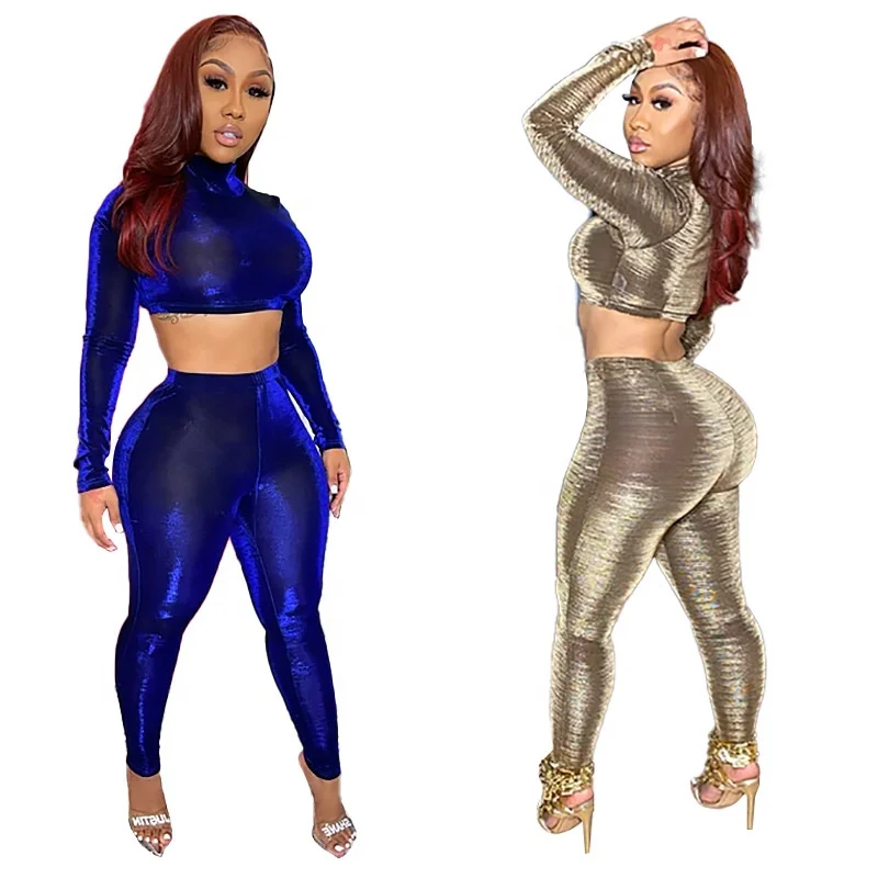 

B63908A Autumn/Winter 2020 women's new half-collar gold silk knit tight trousers two-piece tracksuit, Yellow/gray/blue