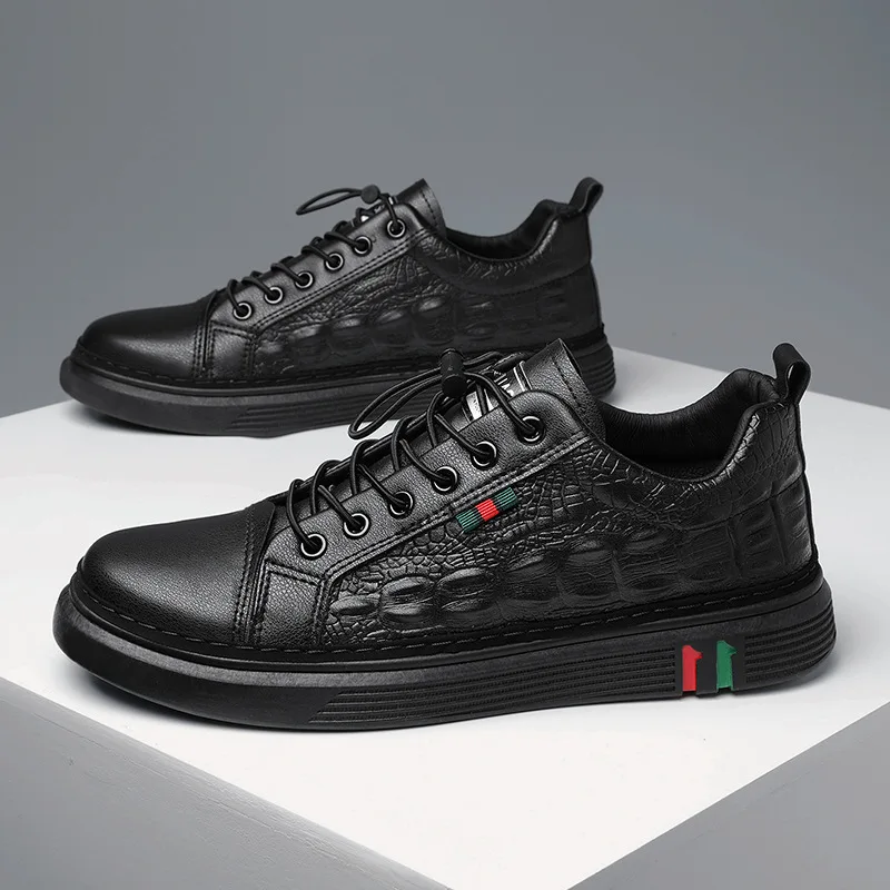 

2023 Fashion Breathable Cow Leather Alligator textured Casual Shoes Mens Black Leisure Sneakers For Men Sports