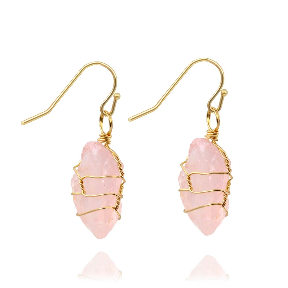 

Popular18k Gold Wire Wrapped Gemstone Jewelry Natural Stone Tumbled Raw Crystal Earrings Amethyst Rose Quartz Earrings Women, As picture shows
