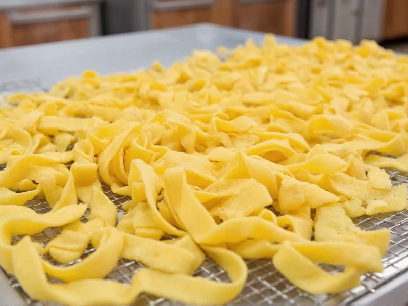 Hand-cut fettuccine strands on drying rack