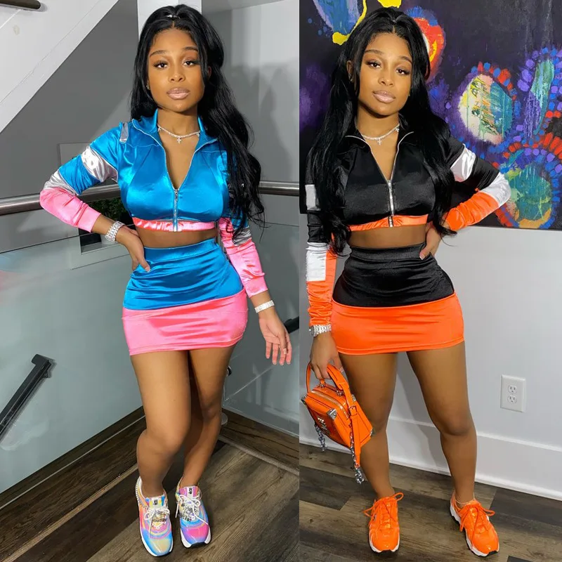 

Dvacaman Trendy Spring 2021 New Arrivals Casual 2 Color Sexy Patchwork Crop Top Long Sleeve Zipper 2 Piece Skirt Set Women
