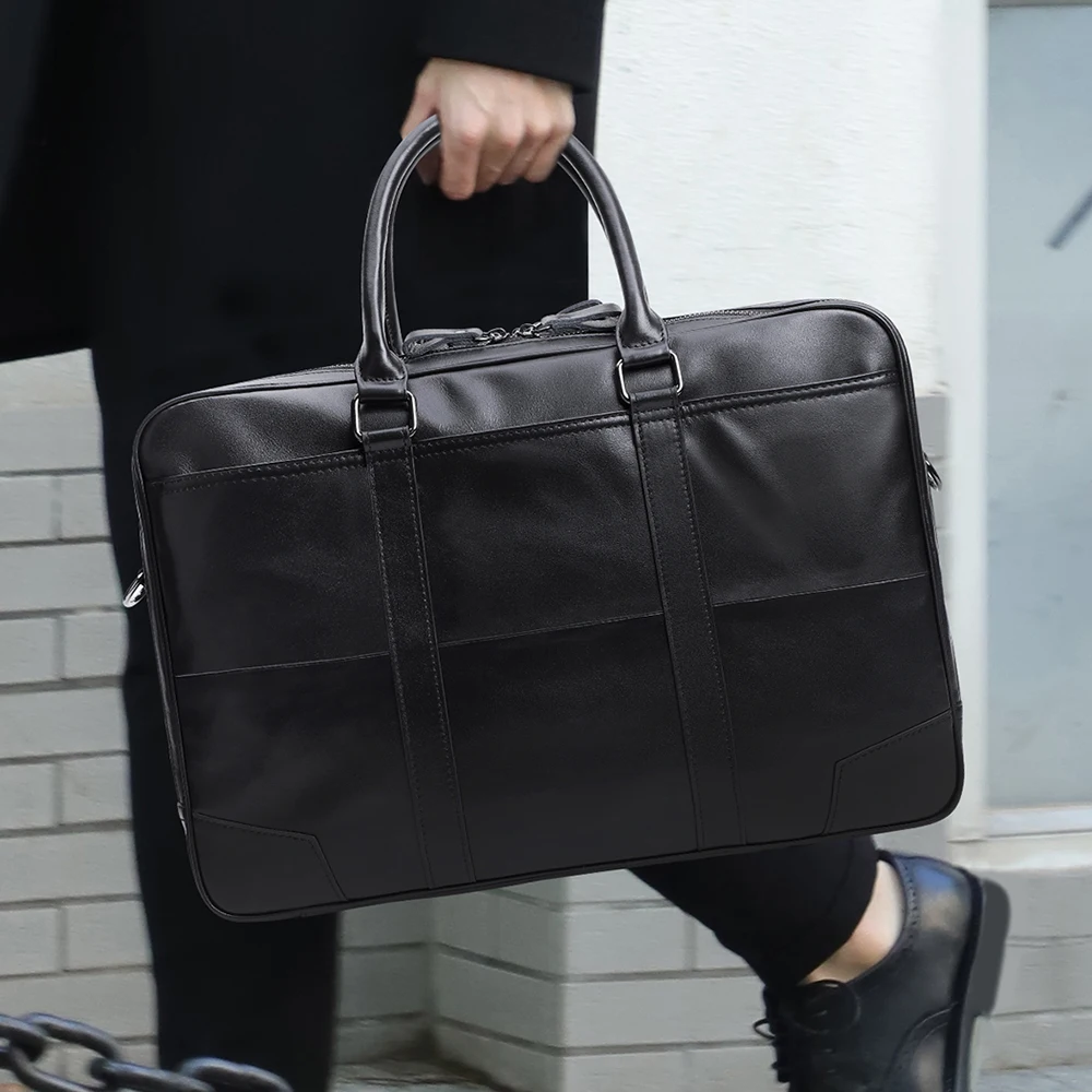 

DUJIANG vintage leather handbags new design leather briefcase bag custom made lightweight laptop bag 15.6 inch, Black