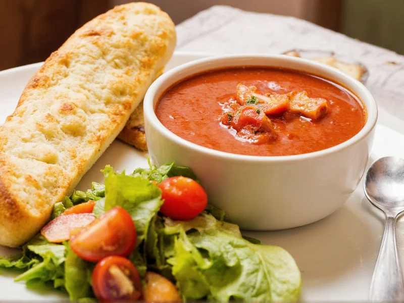 Garlic bread served alongside tomato soup and salad