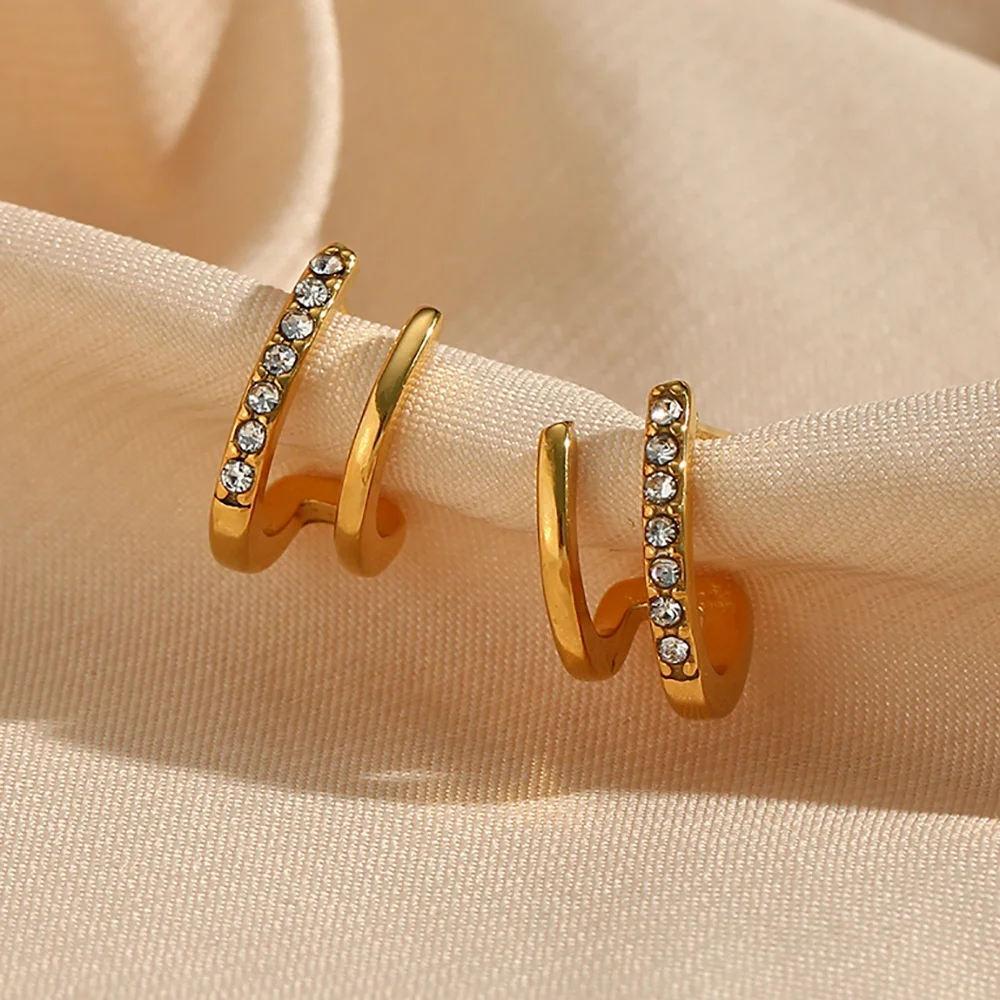 

18K Gold Plated Stainless Steel Earring Simple Mini Double Layer Zirconium Stud Earrings