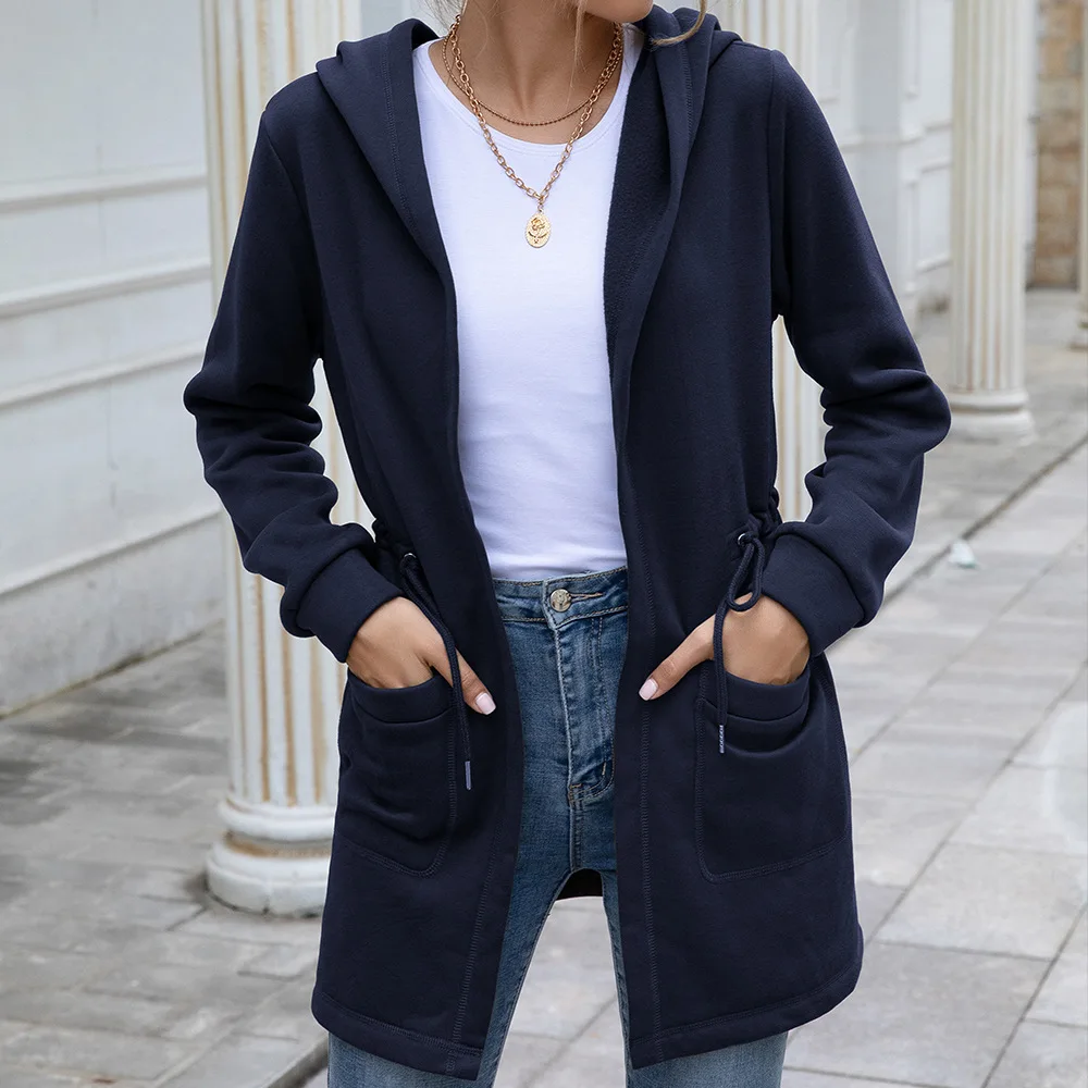 

WW-0371 Autumn And Winter In The Pure Color Long Hooded Trench Coat Long Winter Trench Coat Women, Same as picture