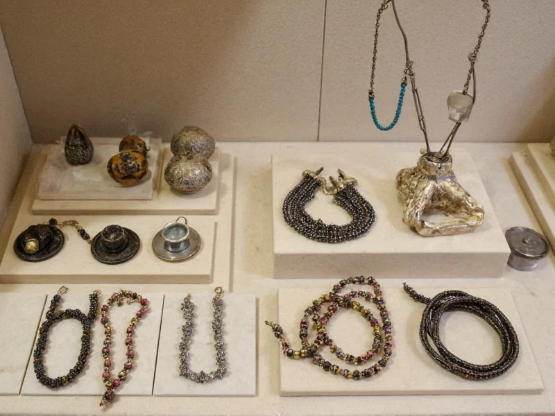 Iron bead jewelry examples on display