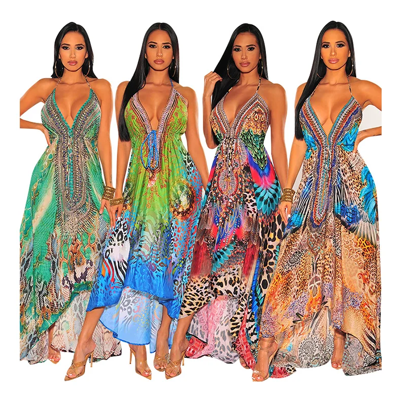 

New Women Clothes Summer 2021 Hot Personality Sexy Off Shoulder Long Dresses Retro V-Neck Print Halter Dress Ladies Dress
